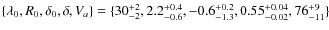 $\{\lambda_0, R_0, \delta_0,
\delta, V_{a} \} = \{ 30^{+2}_{-2}, 2.2^{+0.4}_{-0.6}, -0.6^{+0.2}_{-1.3}, 0.55^{+0.04}_{-0.02}, 76^{+9}_{-11} \}$