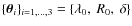 $\{\vec{\theta}_i\}_{i=1,\ldots, 3}= \{\lambda_0,~ R_0,~ \delta\}$