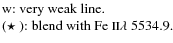 $\textstyle \parbox{11cm}{
w: very weak line.\\
($\star$ ): blend with Fe {\sc ii}$\lambda$ 5534.9.}$
