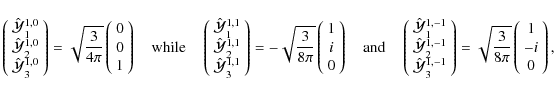 \begin{displaymath}\left( \begin{array}{c}
\hat{\cal Y}_1^{1,0} \\
\hat{\cal Y}...
...}}
\left( \begin{array}{c}
1 \\
-i \\
0\end{array} \right) ,
\end{displaymath}