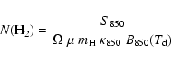 \begin{displaymath}%
N({\rm H_2})=\frac{S_{850}}{\Omega \;\mu \;m_{\rm H} \;\kappa_{850}\;B_{850}(T_{\rm d})}
\end{displaymath}