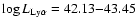 $\log{L_{{\rm Ly\alpha}}} = 42.13 {-} 43.45$