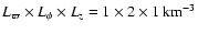 $L_{\varpi} \times L_{\phi} \times L_z = 1 \times 2
\times 1~ {\rm km}^{-3}$