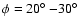 $\phi=20\hbox{$^\circ$ }{-} 30\hbox{$^\circ$ }$