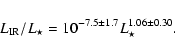\begin{displaymath}L_{\rm {IR}}/L_{\star} = 10^{-7.5 \pm 1.7} L_{\star}^{1.06\pm0.30}.
\end{displaymath}