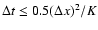 $\Delta t
\leq 0.5 (\Delta x)^2/K$