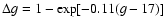 $\Delta g = 1-\exp[-0.11(g-17)]$
