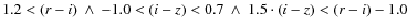 $1.2 <(r-i) \: \wedge \: -1.0 < (i-z)<0.7 \: \wedge \: 1.5\cdot(i-z) < (r-i)-1.0$