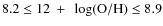 $8.2 \leq
12 ~+~ \log({\rm O/H}) \leq 8.9$