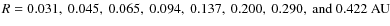 $R=0.031,\ 0.045,\ 0.065,\ 0.094,\
0.137,\ 0.200,\ 0.290,\ {\rm and}\ 0.422~{\rm AU}$