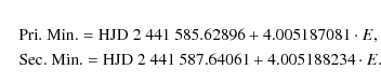 \begin{eqnarray*}&& {\rm Pri.~Min. = HJD}~2~441~585.62896 + 4.005187081 \cdot E,...
...
&& {\rm Sec.~Min. = HJD}~2~441~587.64061 + 4.005188234 \cdot E.
\end{eqnarray*}