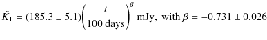$\displaystyle \tilde{K_1} = (185.3 \pm 5.1) \bigg({t \over 100{\rm ~days}}\bigg)^\beta~{\rm mJy,~with~} \beta=-0.731 \pm 0.026$