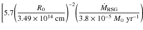 $\displaystyle \bigg[ 5.7 \bigg({R_0 \over 3.49 \times 10^{14}{\rm ~cm}}\bigg)^{-2} \bigg({\dot{M}_{\rm RSG} \over 3.8 \times 10^{-5}~M_\odot{\rm ~yr}^{-1}}\bigg)$