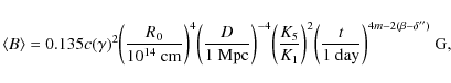 \begin{displaymath}\langle B \rangle = 0.135 c(\gamma)^2 \bigg({R_0 \over 10^{14...
...gg({t \over 1{\rm ~day}}\bigg)^{4m-2(\beta-\delta'')}~{\rm G},
\end{displaymath}