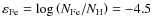 $\varepsilon_{\rm Fe}=\log\left(N_{\rm Fe}/N_{\rm H}\right)=-4.5$