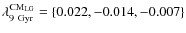 $\lambda _{{\rm 9~
Gyr}}^{{\rm CM}_{{\rm LG}}} = \left\{ {{\rm {0}}{\rm {.022}}{\rm {, -
0}}{\rm {.014}}{\rm {, - 0}}{\rm {.007}}} \right\}$