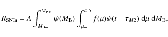 \begin{displaymath}%
R_{\rm SNIa} = A \int_{M_{\rm Bm}}^{M_{\rm BM}} \psi(M_{\rm...
....5} f(\mu)\psi(t-\tau_{M2}) \; {\rm d}\mu \; {\rm d}M_{\rm B},
\end{displaymath}