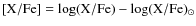 $\rm [X/Fe]=\log({\rm X/Fe})-\log({\rm X/Fe})_{\odot}$