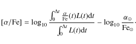 \begin{displaymath}[\alpha/{\rm Fe}]= \log_{10} \frac{\int_{0}^{\Delta t} {\alph...
... {\rm d}t} - \log_{10}{\alpha_\odot
\over {\rm Fe}_\odot}\cdot
\end{displaymath}