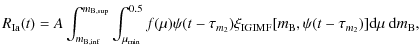 $\displaystyle R_{\rm Ia} (t)= A \int_{m_{\rm B, inf}}^{m_{\rm B, sup}}
\int_{\m...
...\xi_{\rm IGIMF} [m_{\rm B}, \psi
(t - \tau_{m_2})]{\rm d}\mu~ {\rm d}m_{\rm B},$