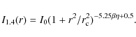 \begin{displaymath}I_{1.4}(r)=I_0 (1+r^{2}/r^{2}_{\rm c})^{-5.25\beta\eta+0.5}.
\end{displaymath}