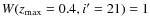 $W(z_{\max}=0.4,i^\prime=21)=1$