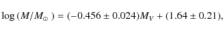 \begin{displaymath}%
\log{(M/\mbox{$M_\odot$ })}=(-0.456\pm0.024)M_V+(1.64\pm0.21),
\end{displaymath}