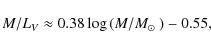 \begin{displaymath}%
M/L_V\approx0.38\log{(M/\mbox{$M_\odot$ })}-0.55,
\end{displaymath}