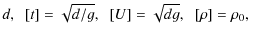 $\displaystyle d,\;\; [t] = \sqrt{d/g},\;\; [U]=\sqrt{dg},\;\; [\rho]=\rho_0,\;\;$
