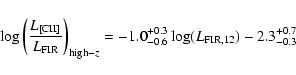 \begin{displaymath}\log \left( \frac{L_{\rm [CII]}}{L_{\rm FIR}}\right)_{{\rm hi...
...} = -1.0^{+0.3}_{-0.6} \log(L_{\rm FIR,12}) -2.3^{+0.7}_{-0.3}
\end{displaymath}