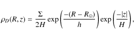 \begin{eqnarray*}\rho_{D}(R,z) = \frac{\Sigma}{2H} \exp
\left(\frac{-(R-R_{\odot})}{h} \right) \exp
\left( \frac{-\vert z\vert}{H} \right) ,
\end{eqnarray*}