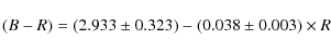 \begin{displaymath}(B-R) = (2.933\pm0.323) - (0.038\pm0.003) \times R
\end{displaymath}