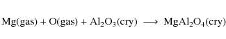 \begin{eqnarray*}{\rm Mg} {\rm (gas)} + {\rm O} {\rm (gas)} + {\rm Al_2O_3} {\rm (cry)} &\longrightarrow& {\rm MgAl_2O_4} {\rm (cry)}
\end{eqnarray*}