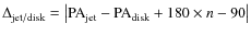 $\Delta_{\rm jet/disk}= \left\vert \rm PA_{jet} - PA_{disk} + 180\times\it {n} - \rm 90\right\vert$