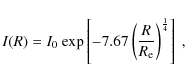 \begin{displaymath}I(R)=I_{0}~{\rm exp}\left[-7.67\left(\frac{R}{R_{{\rm e}}}\right)^{\frac{1}{4}}\right]~,
\end{displaymath}