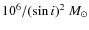 $10^6/(\sin{i})^2~M_{\odot}$