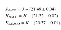 \begin{eqnarray*}&& J_{\rm NACO} = J-(21.49\pm0.04) \\
&& H_{\rm NACO} = H-(21.32\pm0.02) \\
&& K_{\rm S,NACO} = K-(20.37\pm0.04).
\end{eqnarray*}
