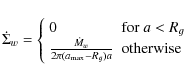 \begin{displaymath}%
\dot{\Sigma}_w =\left\{ \begin{array}{ll}
0 & \textrm{for}\...
...a_{\rm max}-R_{g}) a} & \textrm{otherwise}
\end{array} \right.
\end{displaymath}