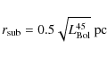 \begin{displaymath}r_{\rm sub} = 0.5 \sqrt{L_{\rm Bol}^{45}}\ {\rm pc}
\end{displaymath}