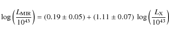 \begin{displaymath}\log \left( \frac{L_{\rm MIR}}{10^{43}} \right) = (0.19 \pm 0...
...(1.11 \pm 0.07)\ \log \left( \frac{L_{\rm X}}{10^{43}} \right)
\end{displaymath}
