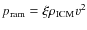$p_{\rm ram}=\xi \rho_{\rm ICM} v^2$