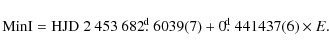\begin{displaymath}{\rm Min I} = {\rm HJD} ~2~453~682\hbox{$.\!\!^{\rm d}$ }6039(7) +
0\hbox{$.\!\!^{\rm d}$ }441437(6)\times E.
\end{displaymath}