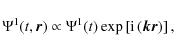 \begin{displaymath}
\Psi^1(t,\vec{r})\propto\Psi^1(t) \exp\left[{\rm i}\left({\vec{kr}} \right)\right] ,
\end{displaymath}