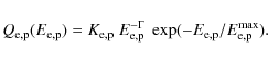 \begin{displaymath}Q_{\rm e,p}(E_{\rm e,p}) = K_{\rm e,p}~E_{\rm e,p}^{-\Gamma}~
\exp(-E_{\rm e,p}/E_{\rm e,p}^{\rm max}).
\end{displaymath}