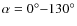 $\alpha = 0^\circ {-} 130^\circ$
