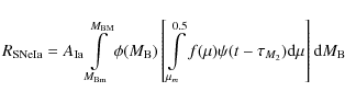 \begin{displaymath}R_{\rm SNeIa}=A_{\rm Ia}\int\limits^{M_{\rm BM}}_{M_{\rm Bm}}...
...}f(\mu)\psi(t-\tau_{M_{2}}){\rm d}\mu \right]
{\rm d}M_{\rm B}
\end{displaymath}