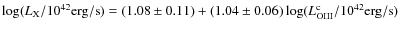 $\log(L_{\rm X}/10^{42}{\rm erg/s})=(1.08\pm0.11)+(1.04\pm0.06)\log(L^{\rm c}_{\rm OIII}/10^{42}{\rm erg/s})$