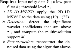 \begin{algorithmic}% latex2html id marker 2111
[1]
\REQUIRE Input noisy data $Y$...
...n}}:} reconstruct the denoised data using the algorithm above.
\end{algorithmic}