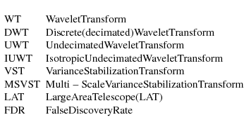 \begin{eqnarray*}\begin{array}{ll}
\rm WT & \rm Wavelet Transform \\
\rm DWT & ...
...elescope (LAT) \\
\rm FDR & \rm False Discovery Rate
\end{array}\end{eqnarray*}