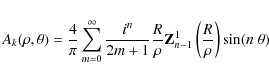 \begin{displaymath}
A_k
(\rho,\theta)=\frac{4}{\pi}\sum_{m=0}^{\infty}\frac{i^...
...f{Z}_{n -1}^{1}\left(\frac{R}{\rho}\right)
\sin (n \; \theta)
\end{displaymath}